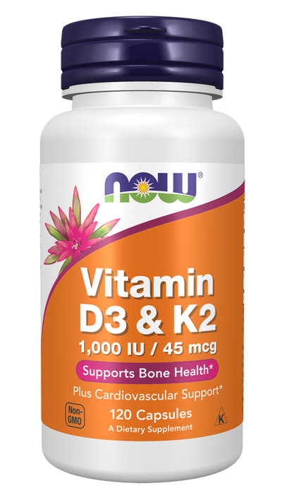 NOW Foods Vitamin D3 & K2 Supports Bone Health 1,000 IU / 45 mcg - 120 Capsules