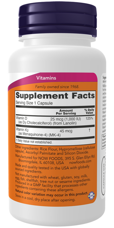 NOW Foods Vitamin D3 & K2 Supports Bone Health 1,000 IU / 45 mcg - 120 Capsules