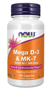 NOW Foods Mega D-3 & MK-7 5000 IU / 180 mcg Bone & Cardiovascular Support - 120 Capsules