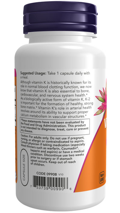 NOW Foods Vitamin K-2 100 mcg Supports Bone Health - 100 Veg Capsules