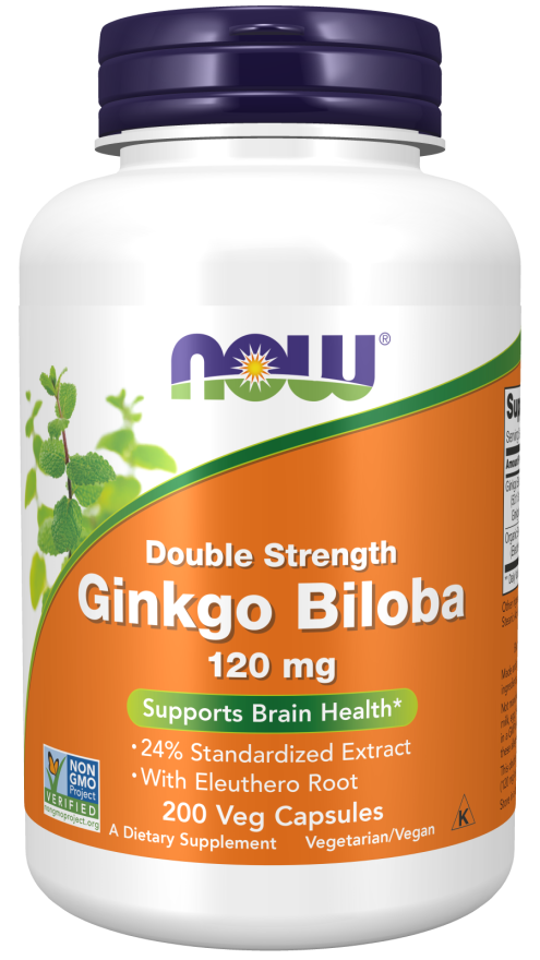 NOW Foods Double Strength Ginkgo Biloba Supports Brain Health 120 mg - 200 Veg Capsules