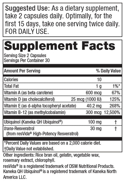 Purity Products Ubiquinol Daily CoQ10 + Resveratrol - 60 Capsules